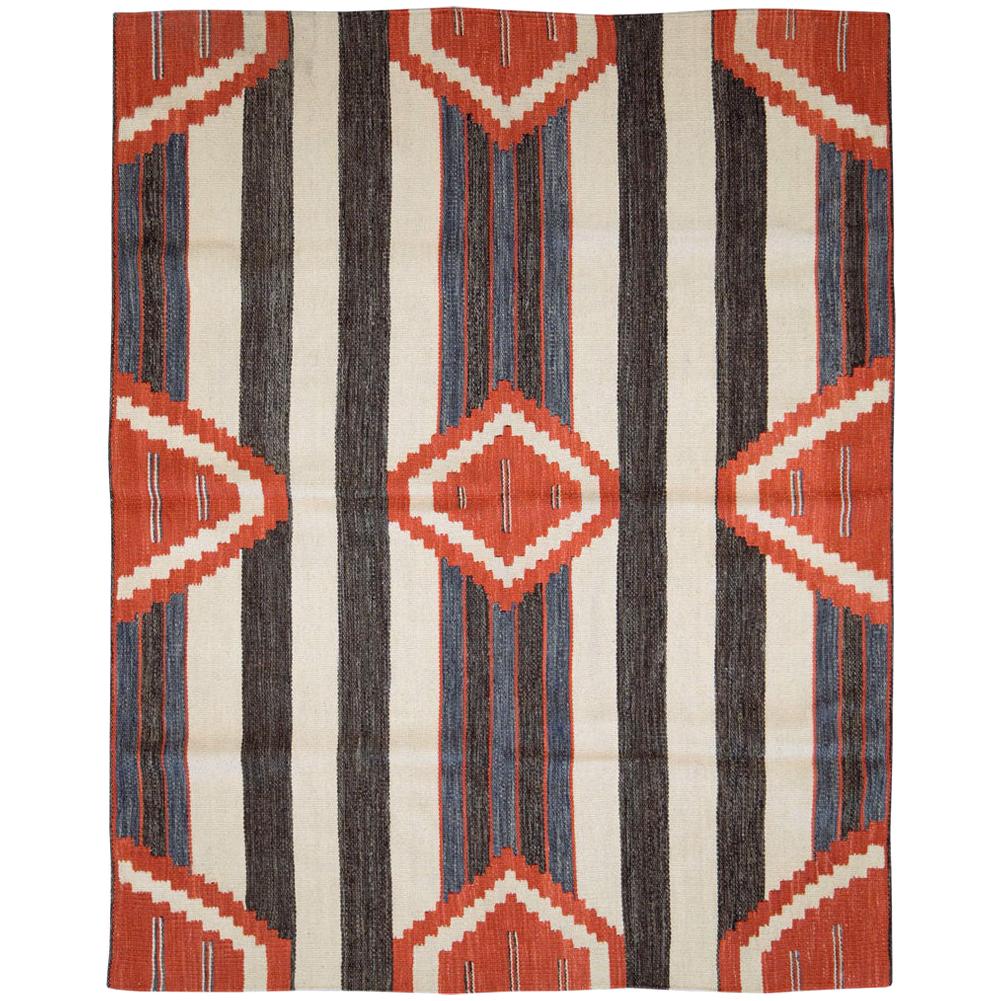 Contemporary Handmade Turkish Flatweave Kilim Accent Rug in Denim, Red, Cream