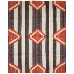Contemporary Handmade Turkish Flatweave Kilim Accent Rug in Denim, Red, Cream