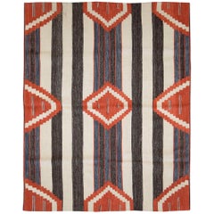 Contemporary Handmade Turkish Flatweave Kilim Accent Rug in Denim, Red, Cream