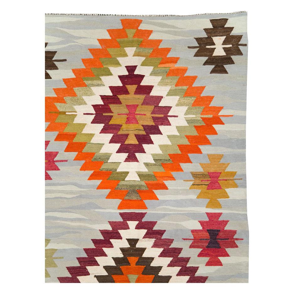 Hand-Woven Contemporary Handmade Turkish Flat-Weave Kilim Geometric Room Size Carpet For Sale