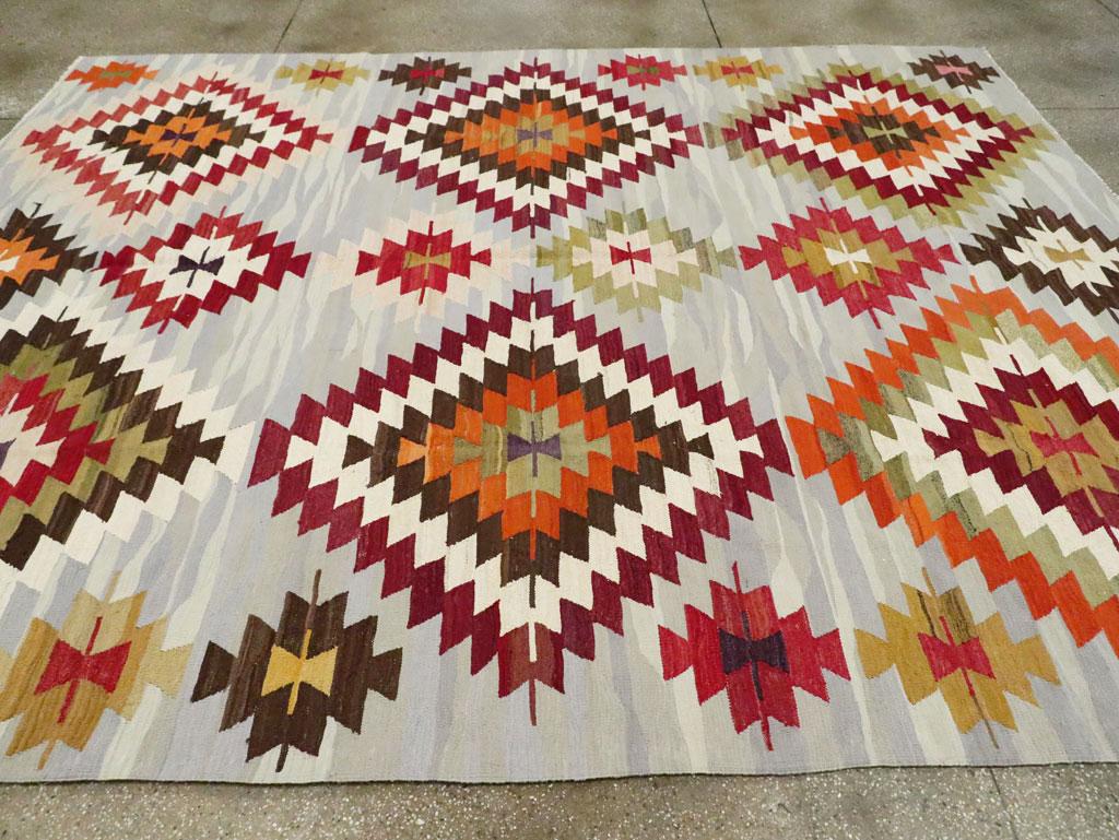 Contemporary Handmade Turkish Flat-Weave Kilim Geometric Room Size Carpet For Sale 1