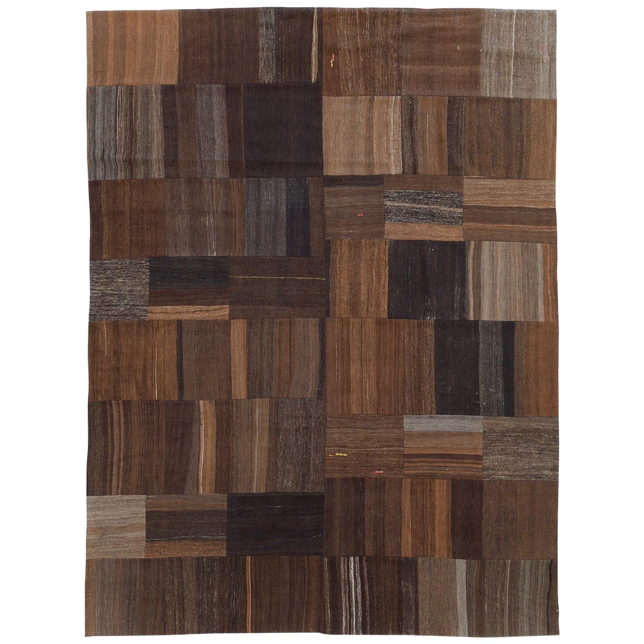 Contemporary Handmade Turkish Flatweave Kilim Room Size Carpet in Brown Shades