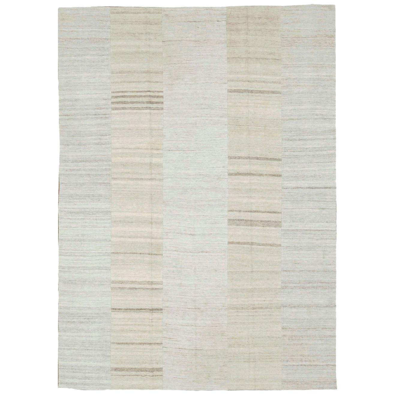 Contemporary Handmade Turkish Flatweave Kilim Room Size Carpet in Grey and Beige