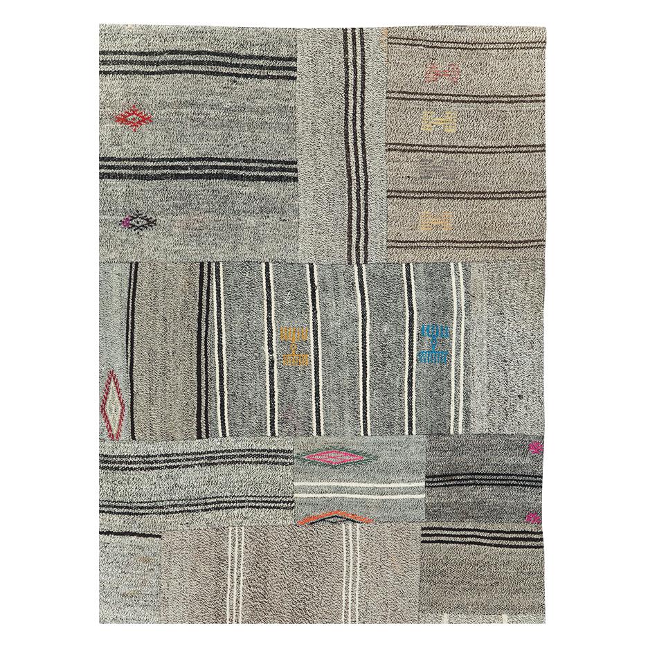 Hand-Woven Contemporary Handmade Turkish Flatweave Kilim Room Size Carpet In Grey