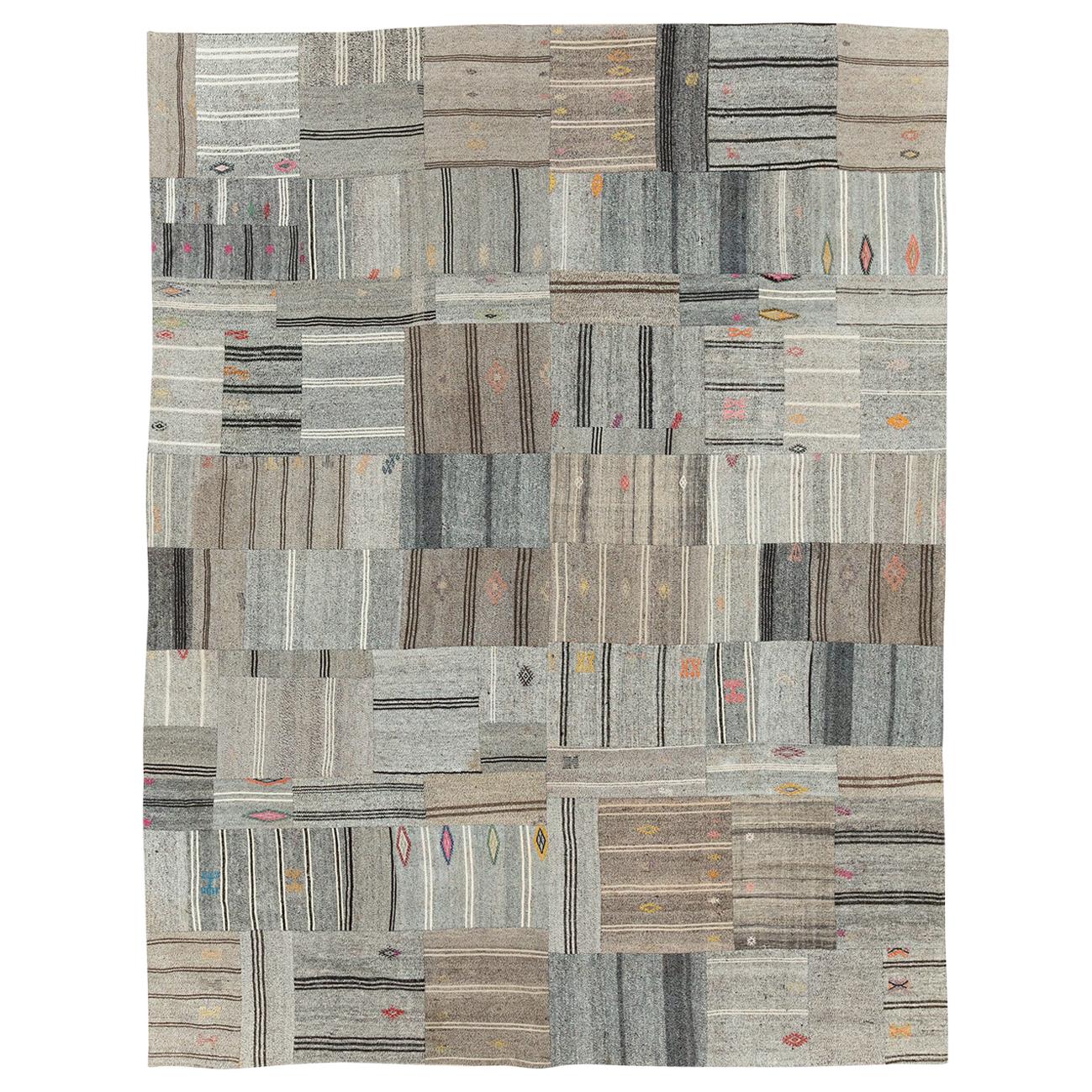 Contemporary Handmade Turkish Flatweave Kilim Room Size Carpet In Grey