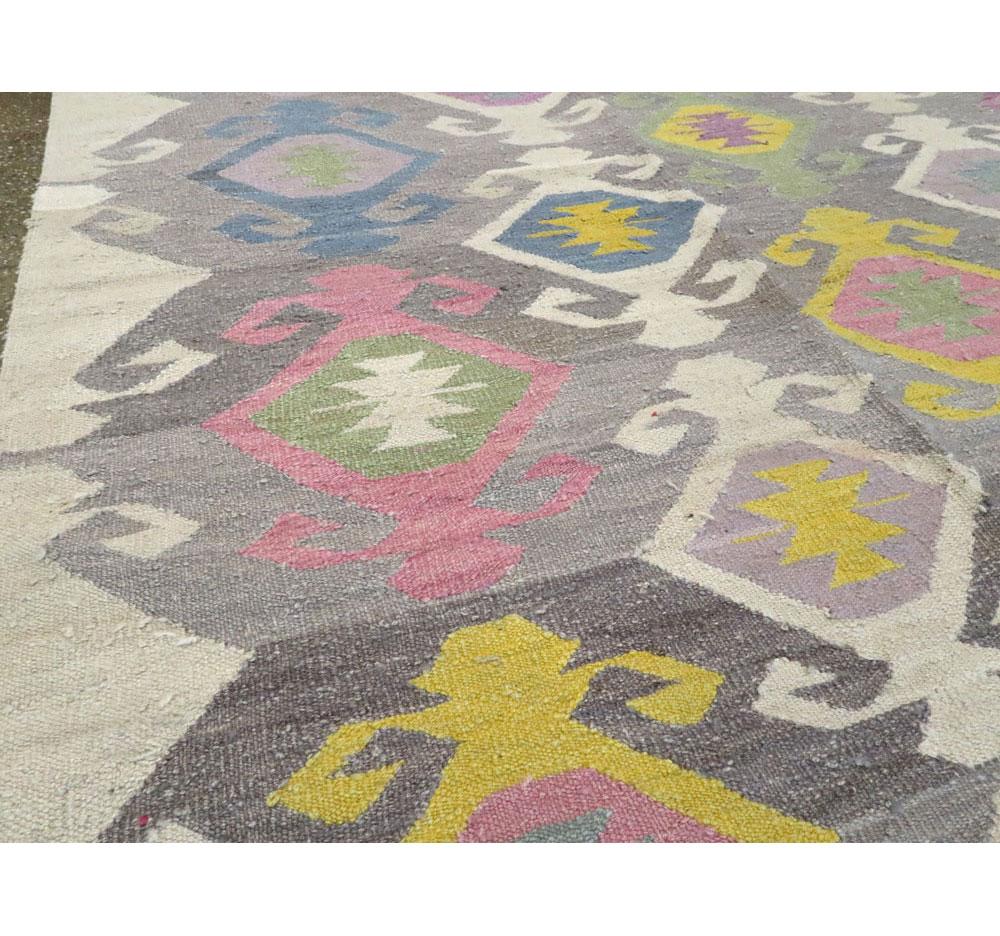 Modern Contemporary Handmade Flat-Weave Rug in Grey Beige Yellow Pink Blue Green For Sale