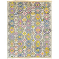 Contemporary Handmade Flat-Weave Rug in Grau Beige Gelb Rosa Blau Grün