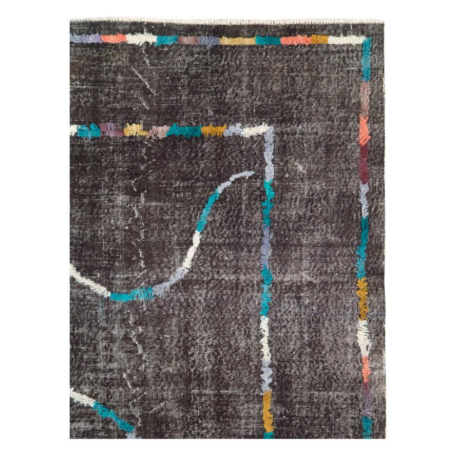Modern Contemporary Handmade Turkish Folk Rug with a Distressed Appeal in Charcoal For Sale