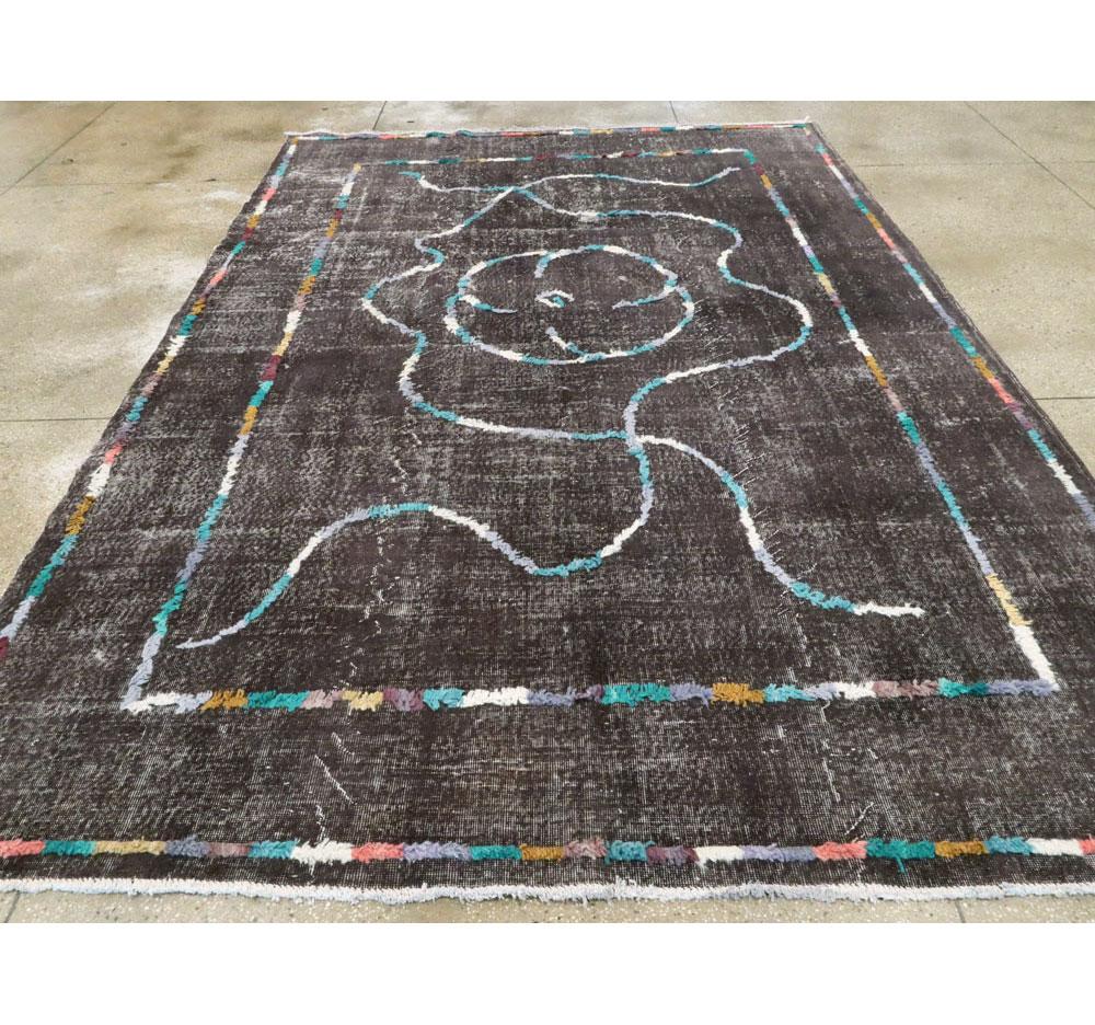 Hand-Knotted Contemporary Handmade Turkish Folk Rug with a Distressed Appeal in Charcoal For Sale