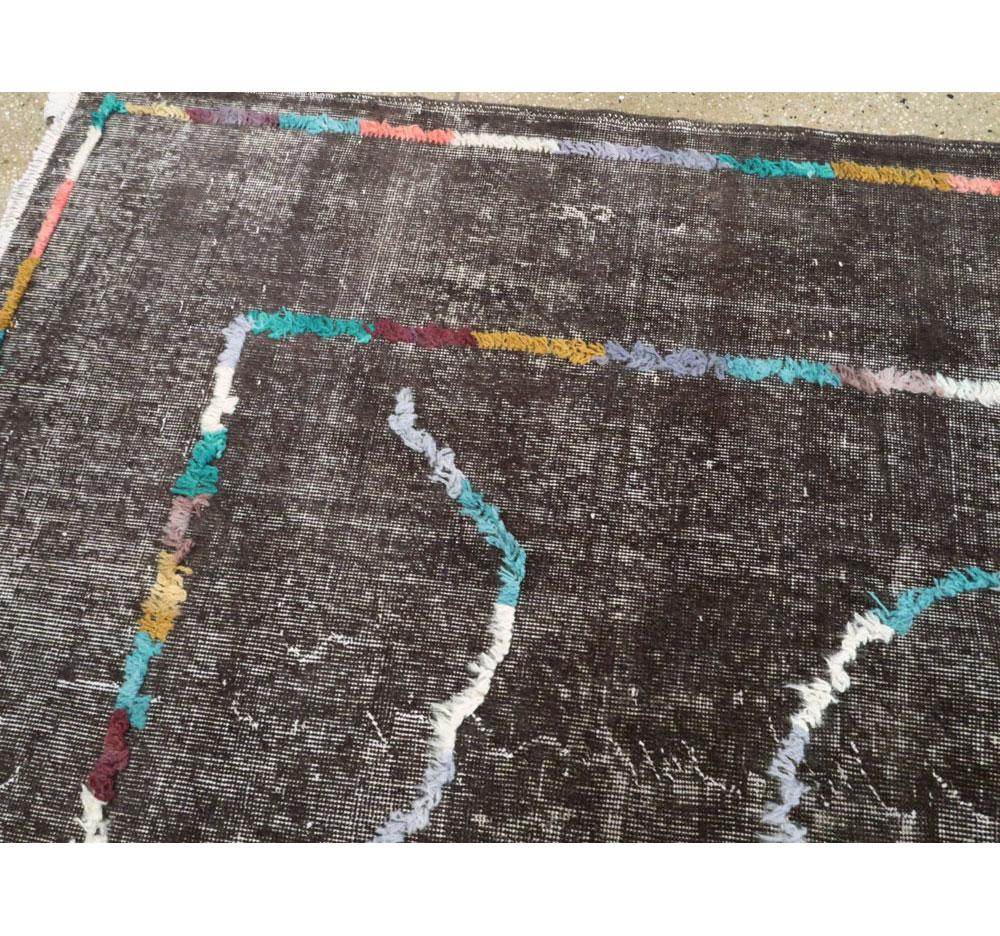 Wool Contemporary Handmade Turkish Folk Rug with a Distressed Appeal in Charcoal For Sale