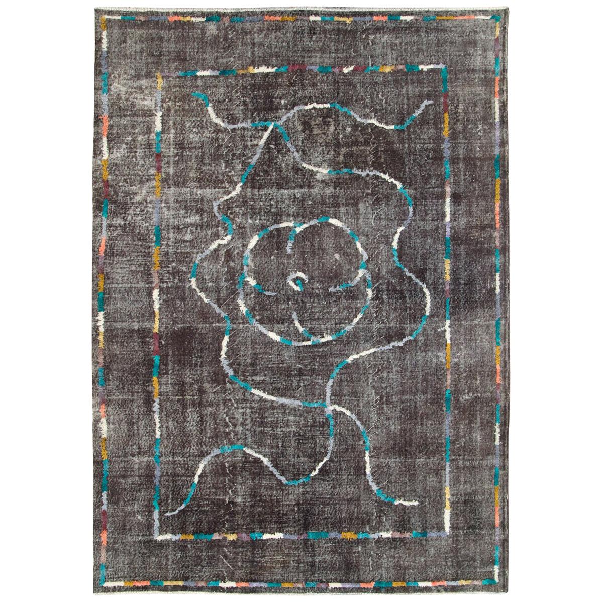 Contemporary Handmade Turkish Folk Rug with a Distressed Appeal in Charcoal For Sale