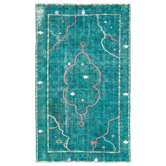 Contemporary Handmade Turkish Folk Rug With A Distressed Appeal In Turquoise