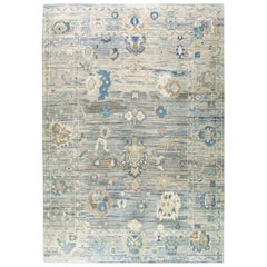 Contemporary Handmade Turkish Oushak Large Carpet in Blue and Green