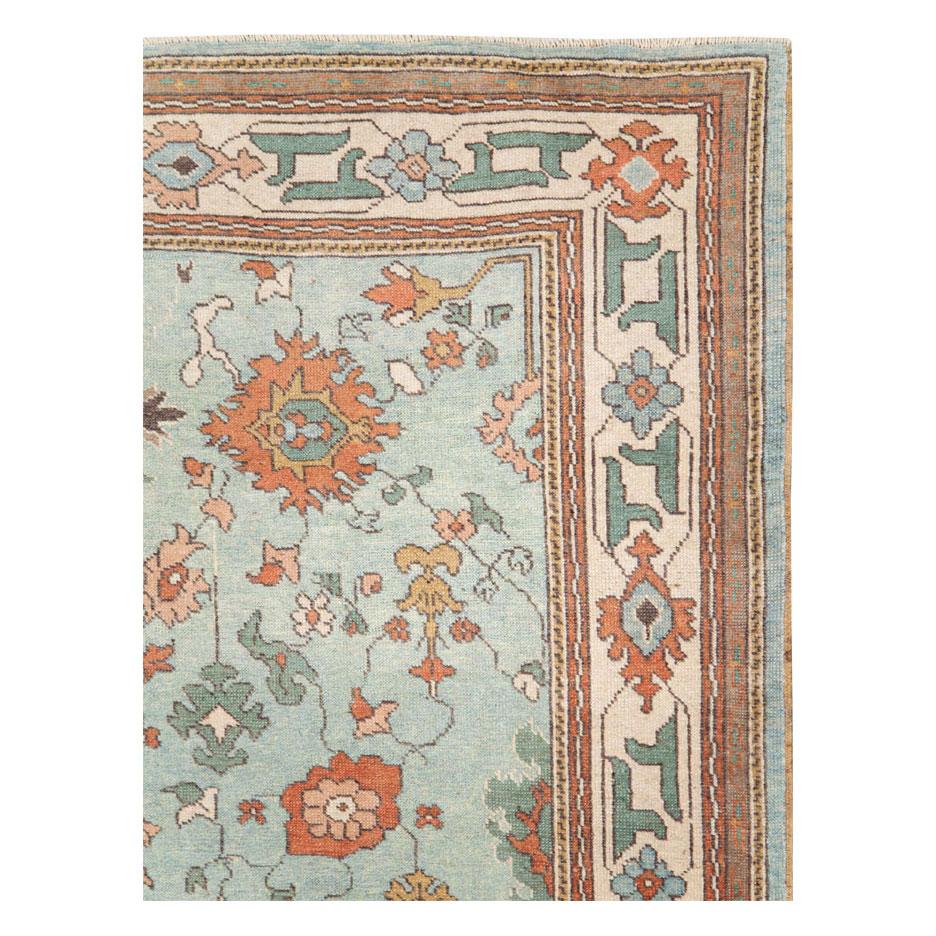 Modern Contemporary Handmade Turkish Oushak Accent Rug in Seafoam Blue For Sale