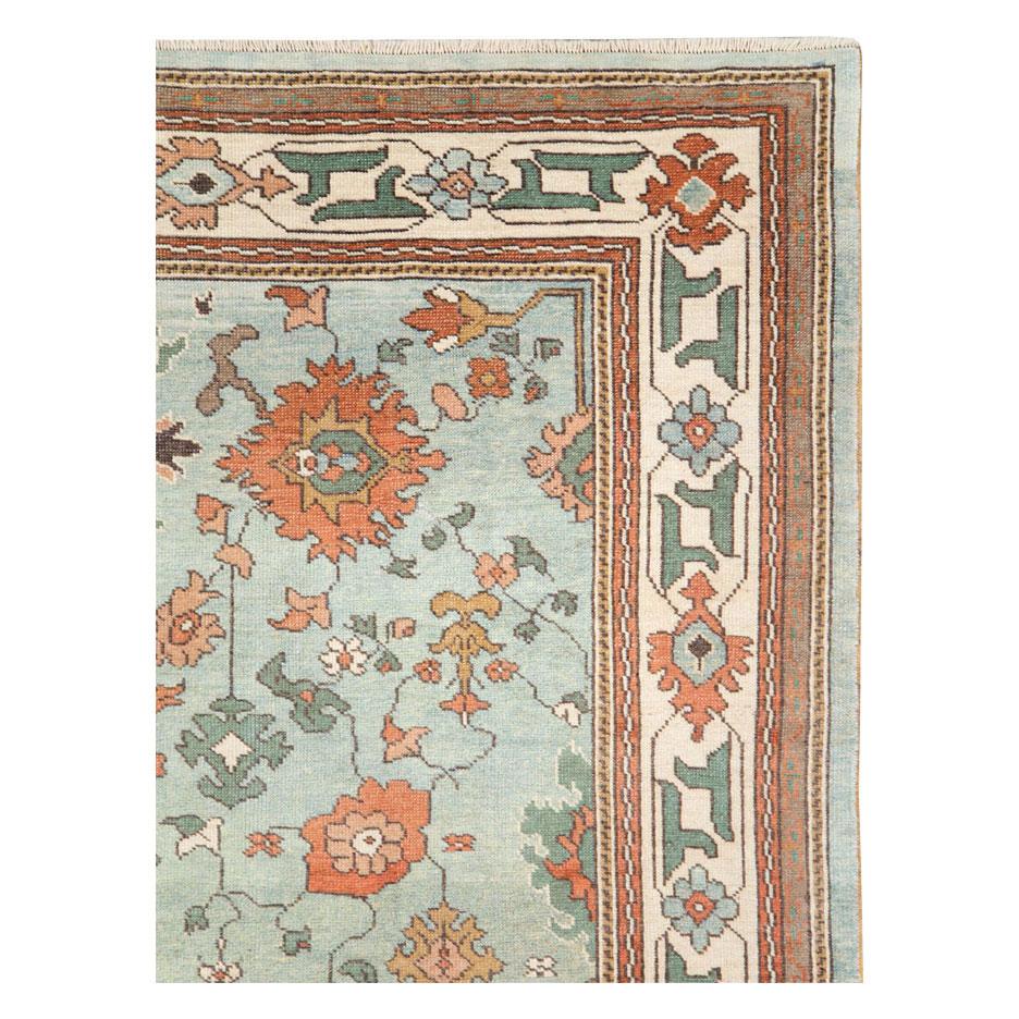 Hand-Knotted Contemporary Handmade Turkish Oushak Accent Rug in Seafoam Blue For Sale