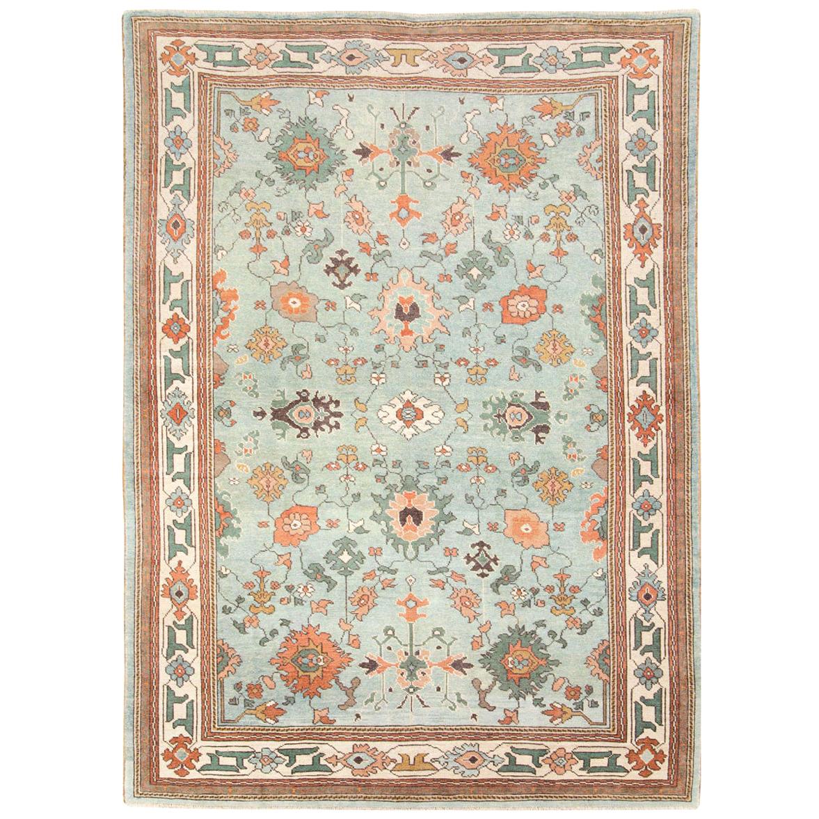 Contemporary Handmade Turkish Oushak Accent Rug in Seafoam Blue For Sale
