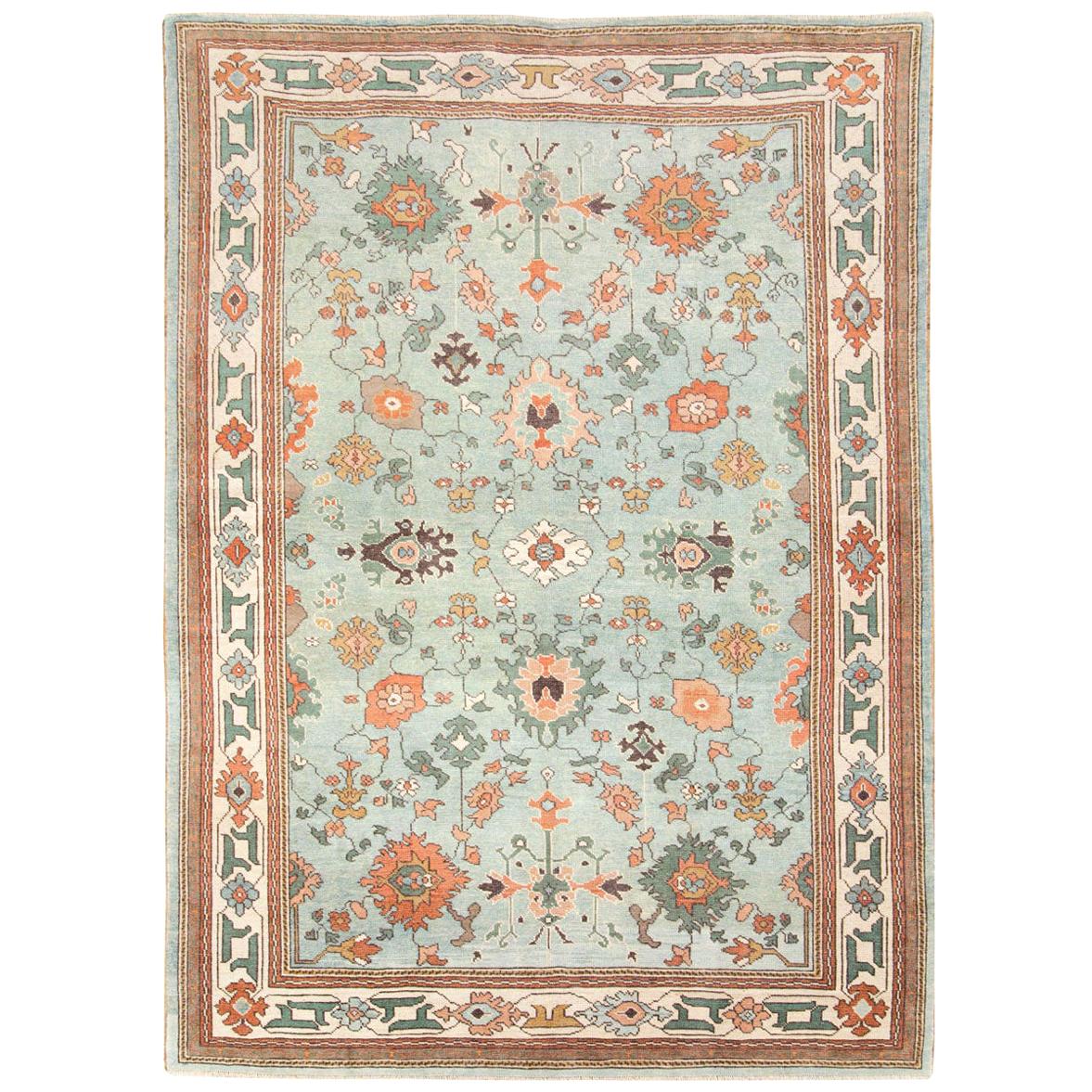 Contemporary Handmade Turkish Oushak Accent Rug in Seafoam Blue