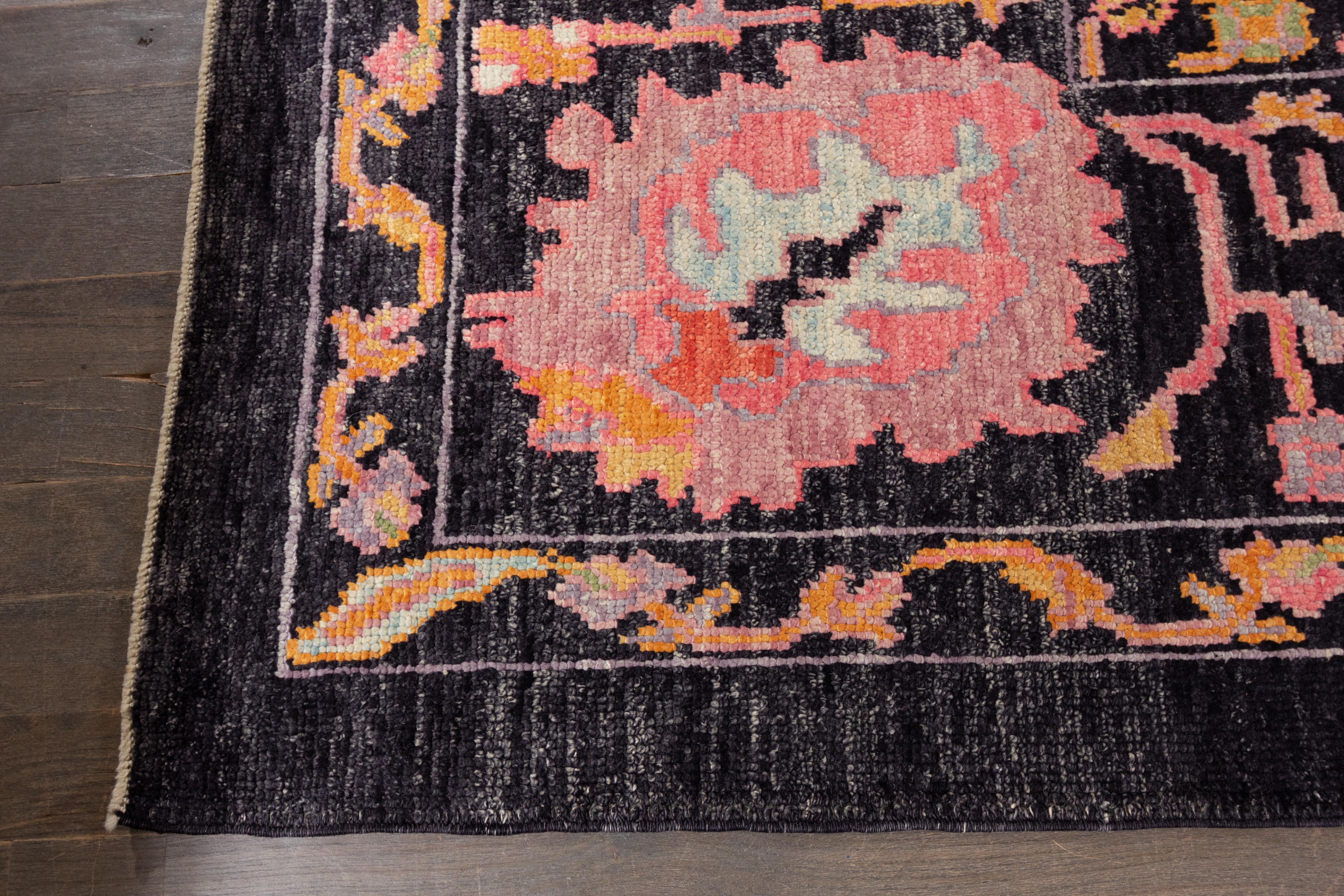 Kilim Contemporary Handmade Turkish Oushak Floral Wool Rug Featuring Charcoal Shades For Sale