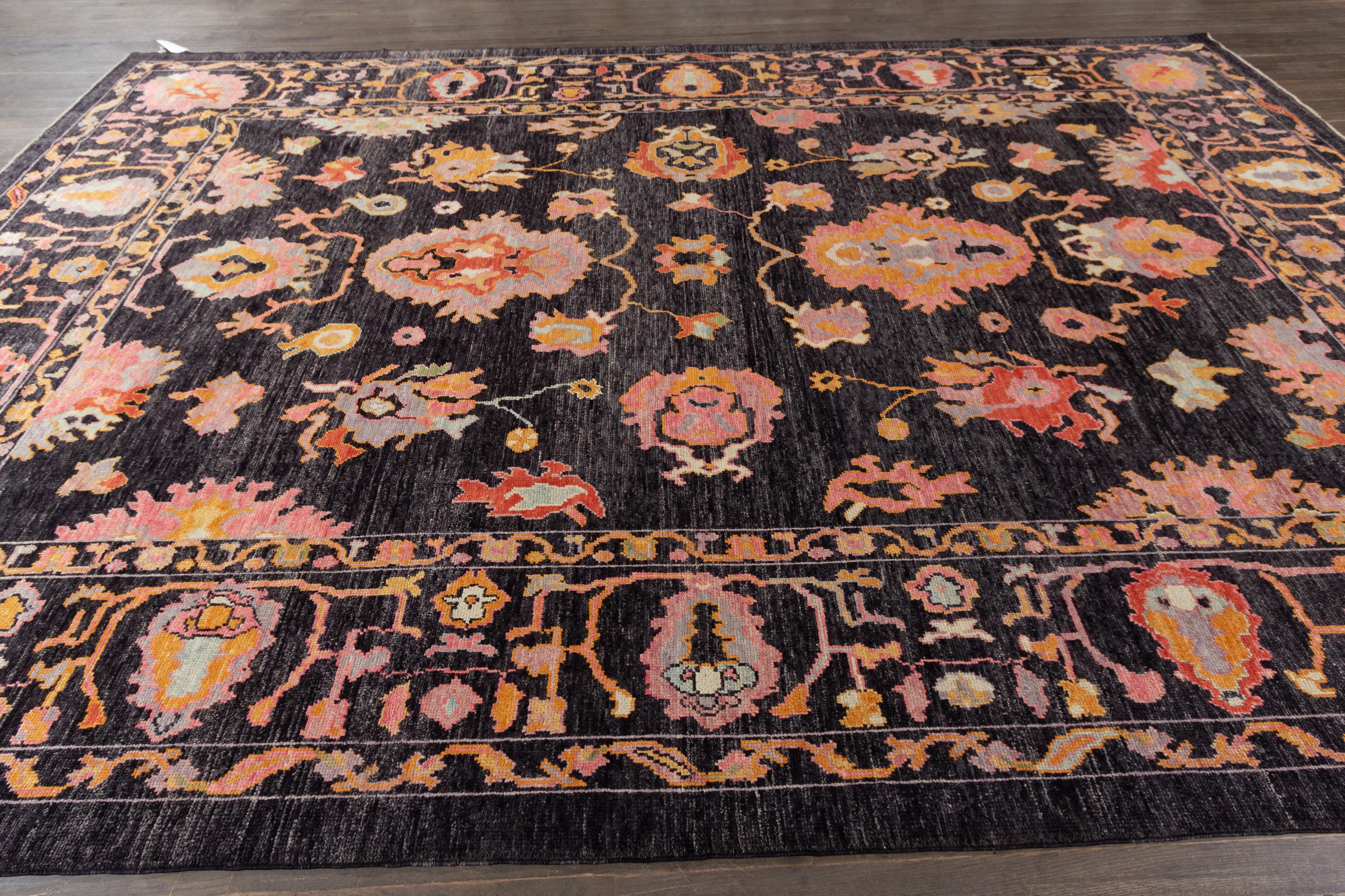 Contemporary Handmade Turkish Oushak Floral Wool Rug Featuring Charcoal Shades In New Condition For Sale In Norwalk, CT