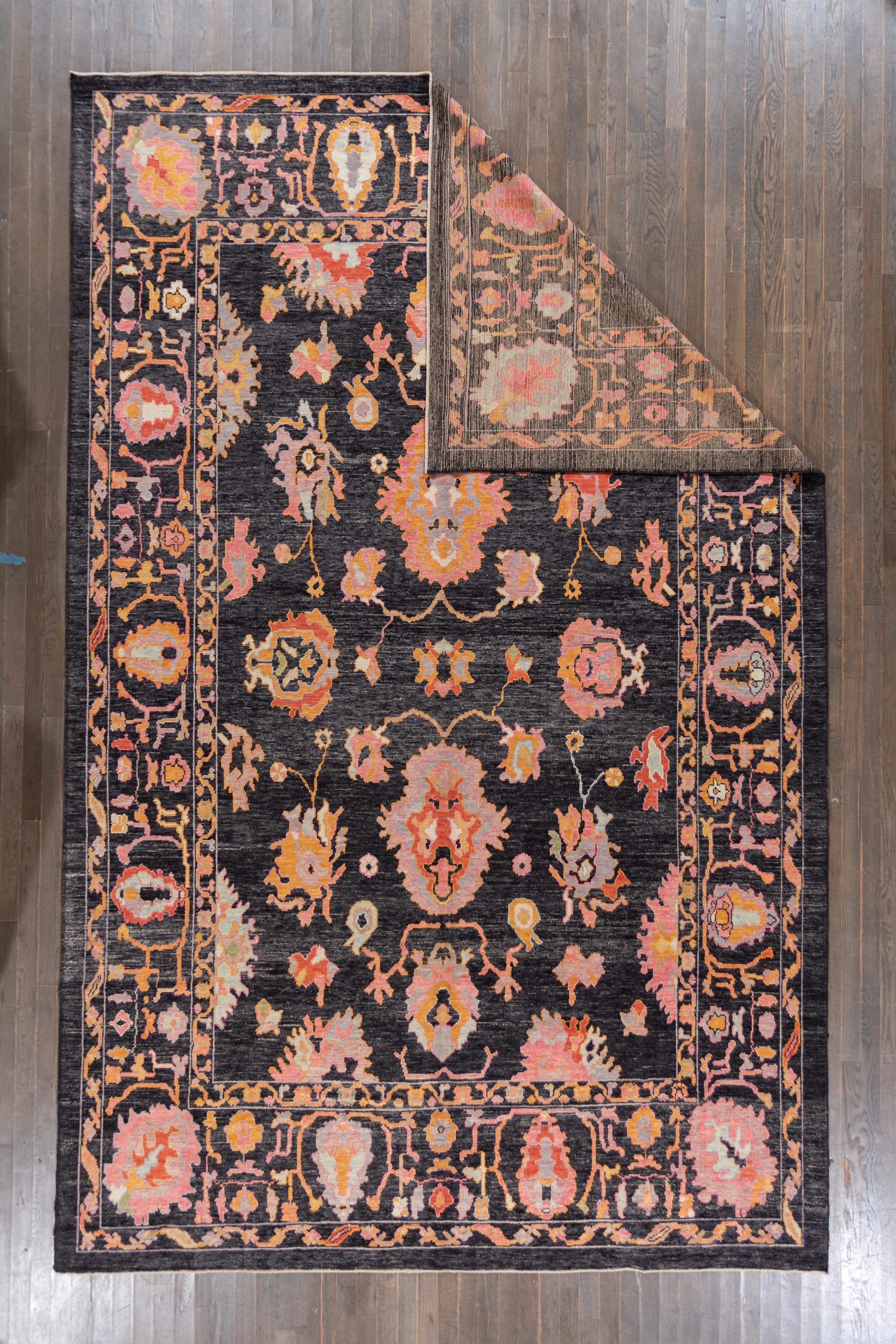 Contemporary Handmade Turkish Oushak Floral Wool Rug Featuring Charcoal Shades For Sale 3