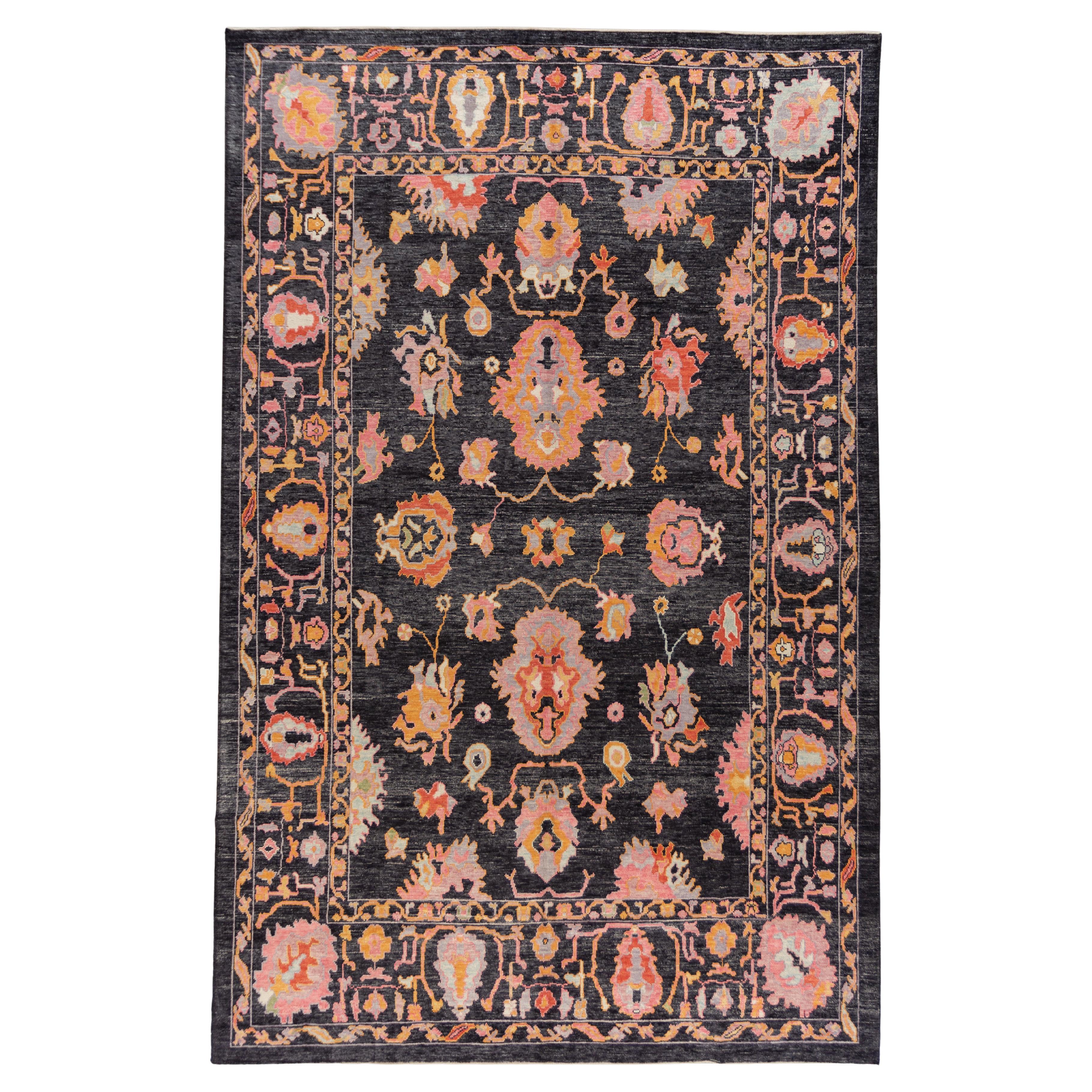 Contemporary Handmade Turkish Oushak Floral Wool Rug Featuring Charcoal Shades