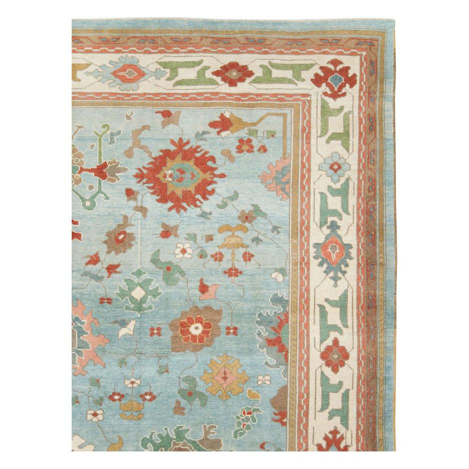 Hand-Knotted Contemporary Handmade Turkish Oushak Light Blue Room Size Carpet