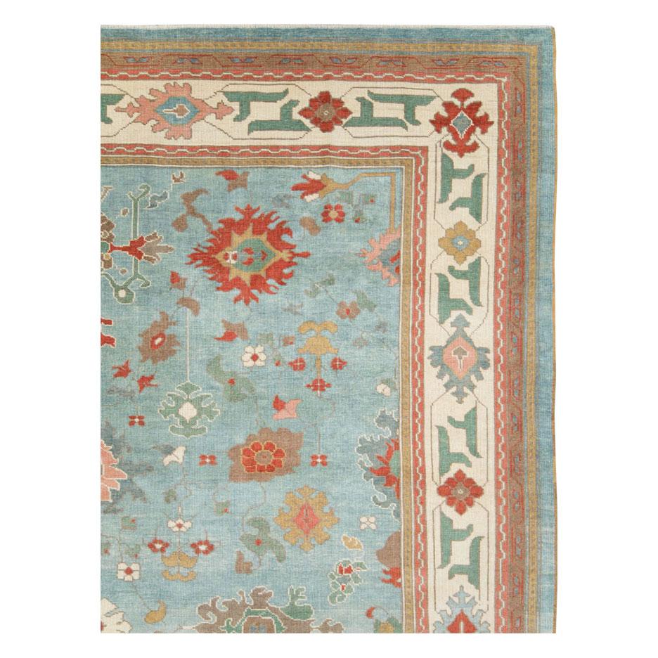 Contemporary Handmade Turkish Oushak Light Blue Room Size Carpet In New Condition In New York, NY