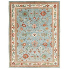 Contemporary Handmade Turkish Oushak Light Blue Room Size Carpet