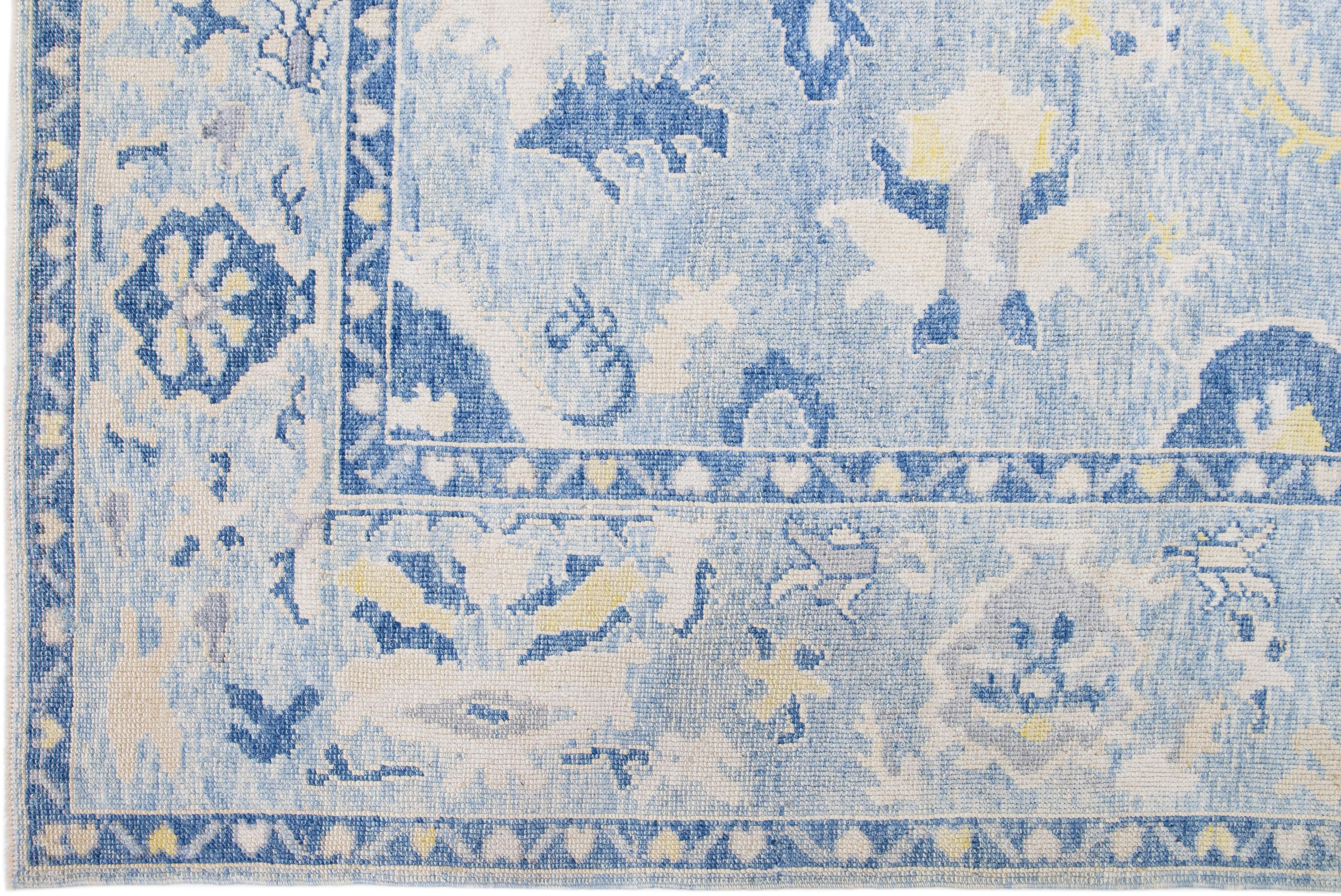Hand-Knotted Contemporary Handmade Turkish Oushak Wool Rug with Blue Floral Pattern For Sale