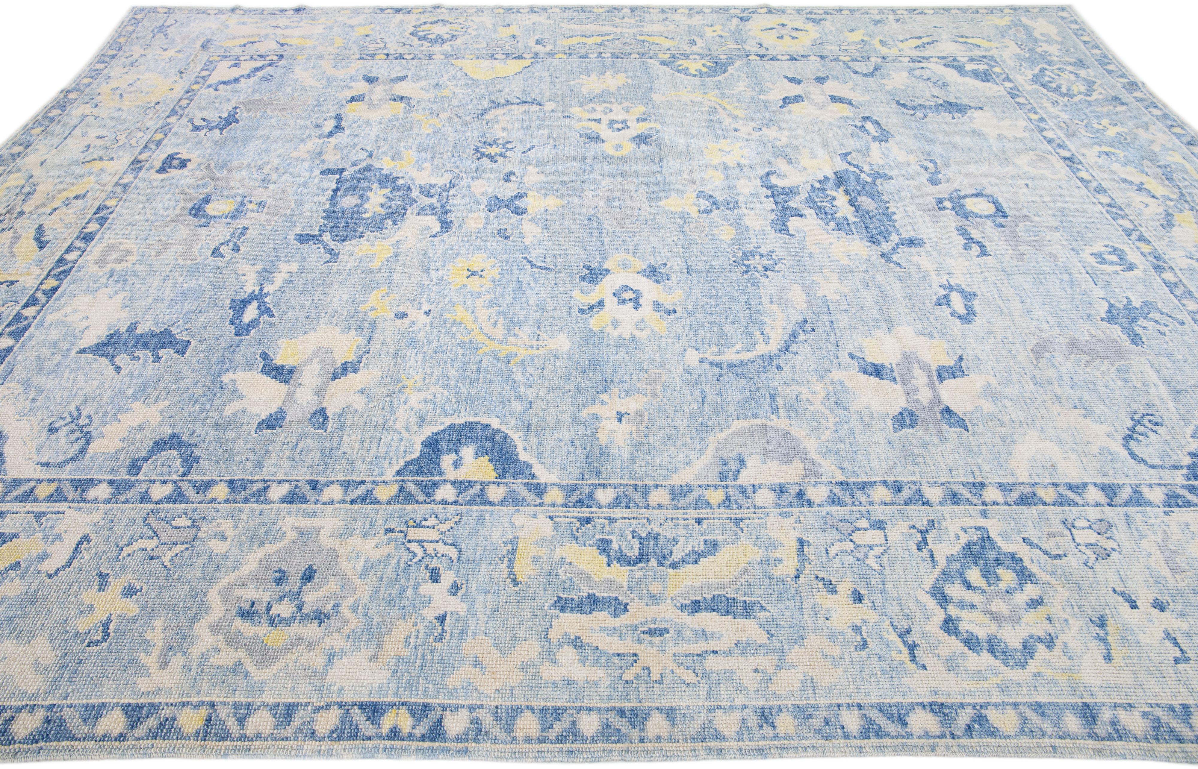 Contemporary Handmade Turkish Oushak Wool Rug with Blue Floral Pattern For Sale 1