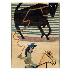 Contemporary Handmade Turkish Pictorial Accent Rug of a Steer Roping Cowboy