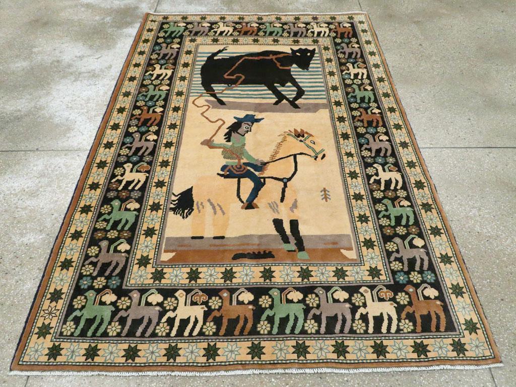 Hand-Knotted Contemporary Handmade Turkish Pictorial Accent Rug of a Steer Roping Cowboy