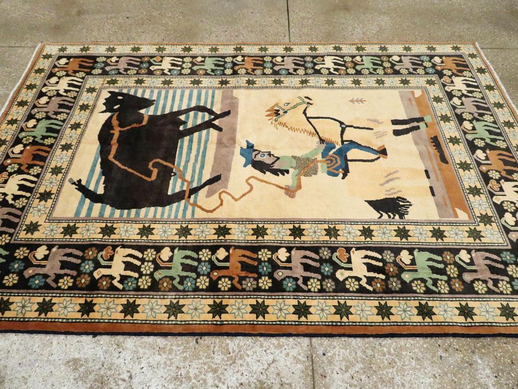 Contemporary Handmade Turkish Pictorial Accent Rug of a Steer Roping Cowboy 2