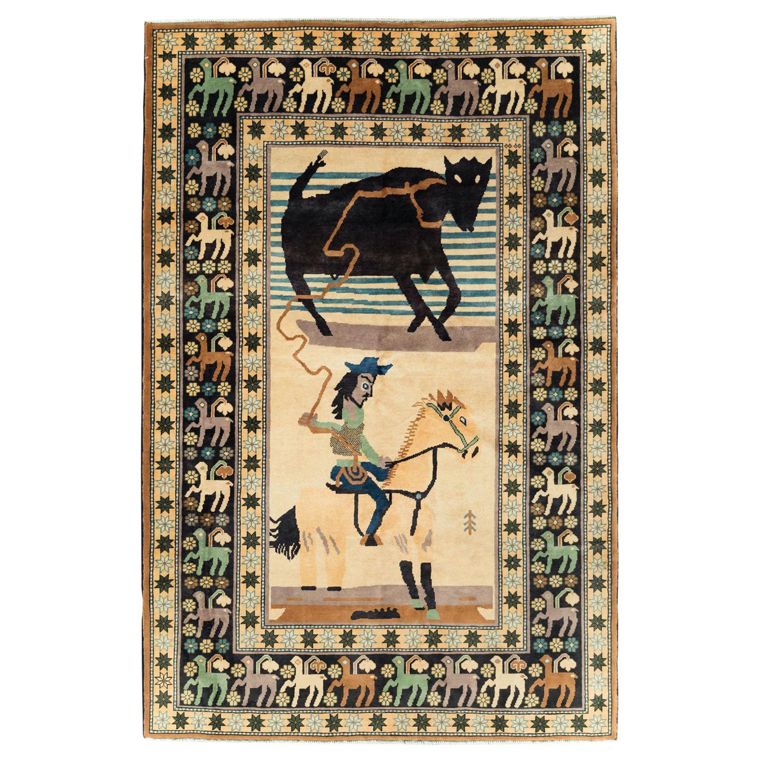 Contemporary Handmade Turkish Pictorial Accent Rug of a Steer Roping Cowboy
