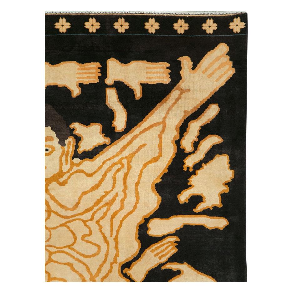 A modern Turkish tantric accent rug from the 21st century with a pictorial design of a flayed man over a black field.

Original versions were employed by Vajrayana Buddhists as seats of power during the practice of esoteric rites associated with