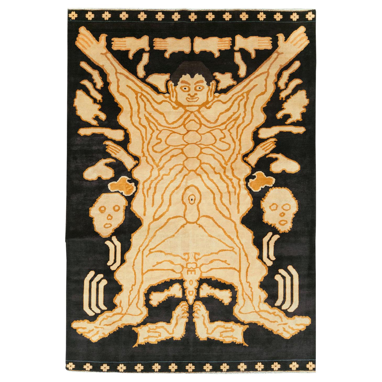 Contemporary Handmade Turkish Pictorial Flayed Man Tantra Accent Rug