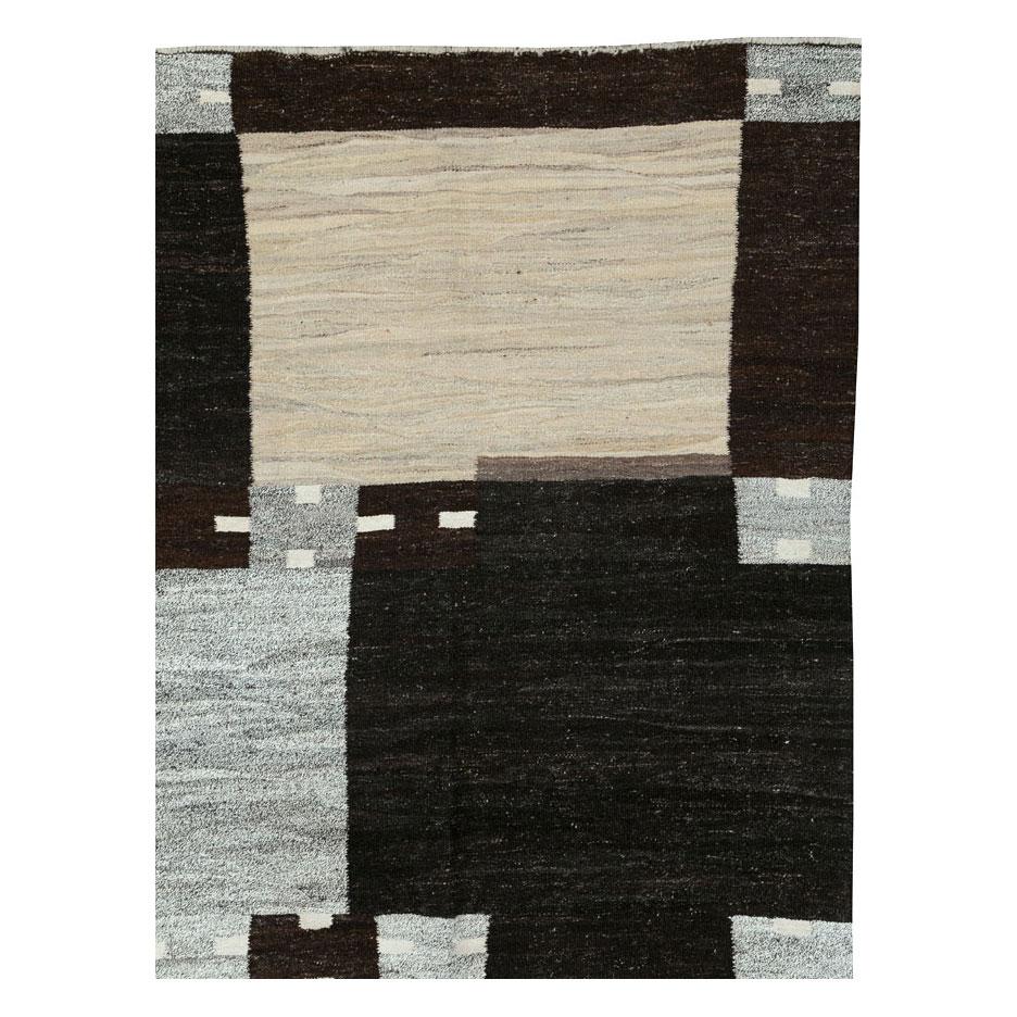 Modern Contemporary Handmade Turkish Room Size Flat-Weave Rug in Cream Grey and Black For Sale