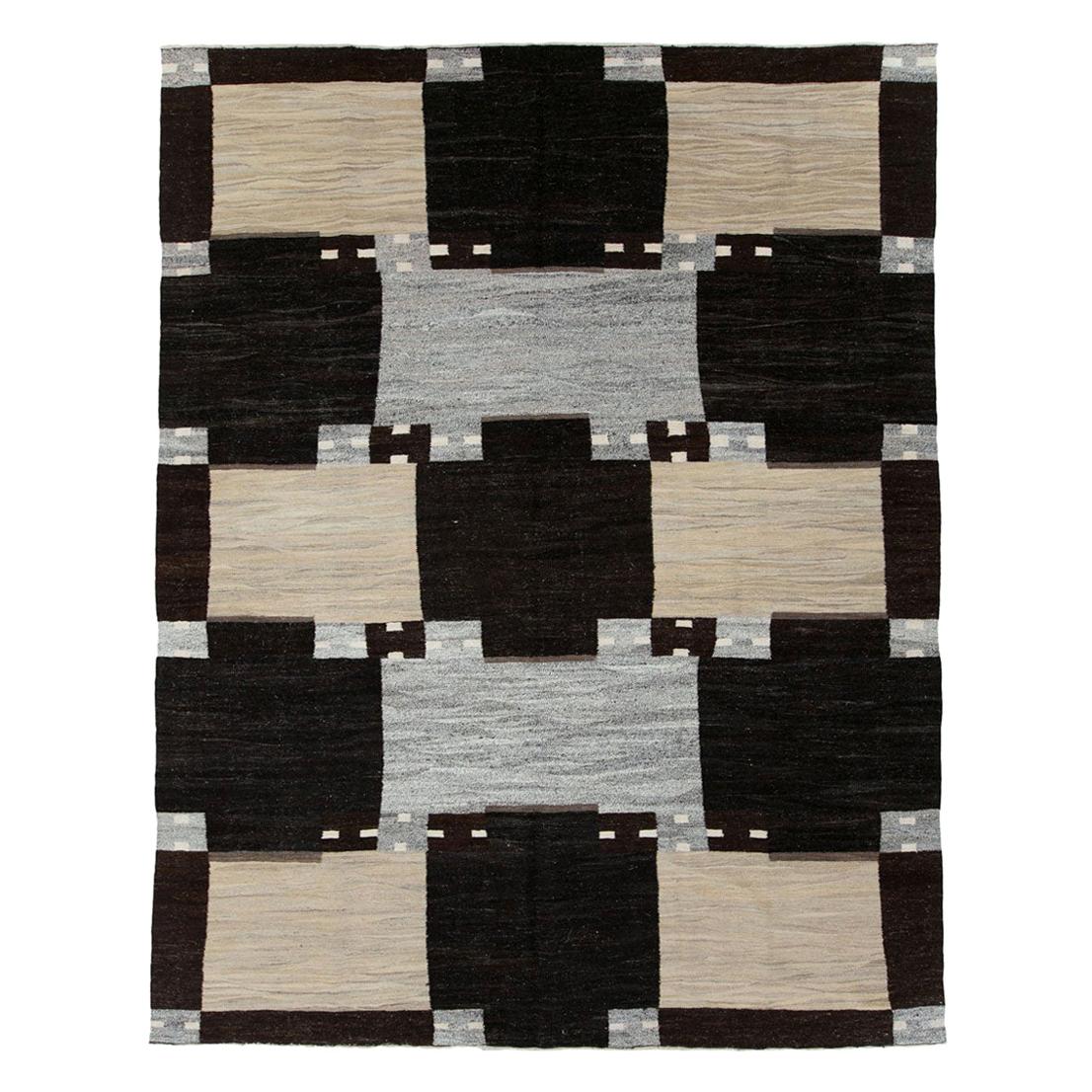 Contemporary Handmade Turkish Room Size Flat-Weave Rug in Cream Grey and Black