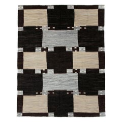 Contemporary Handmade Turkish Room Size Flat-Weave Rug in Cream Grey and Black
