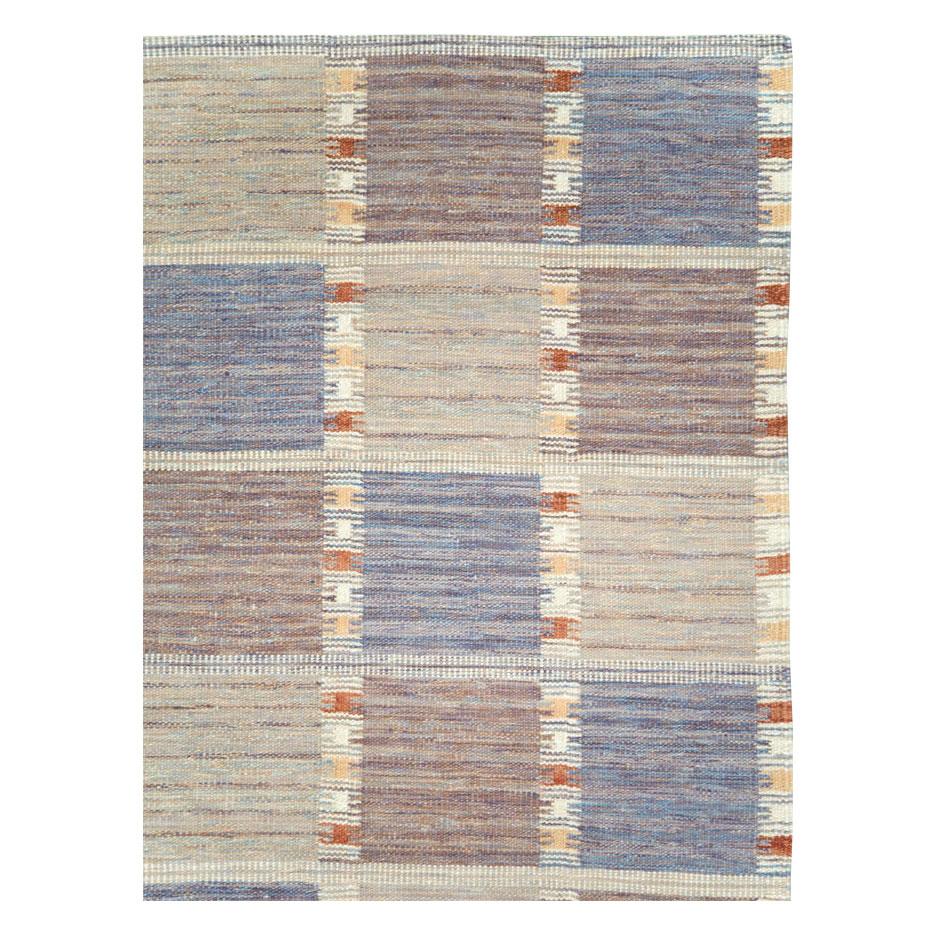 Modern Contemporary Handmade Turkish Room Size Flat-Weave Rug in Pastel Blue and Cream