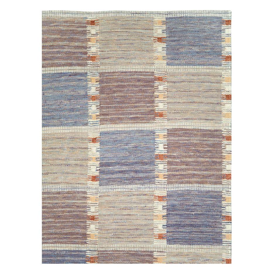 Hand-Knotted Contemporary Handmade Turkish Room Size Flat-Weave Rug in Pastel Blue and Cream