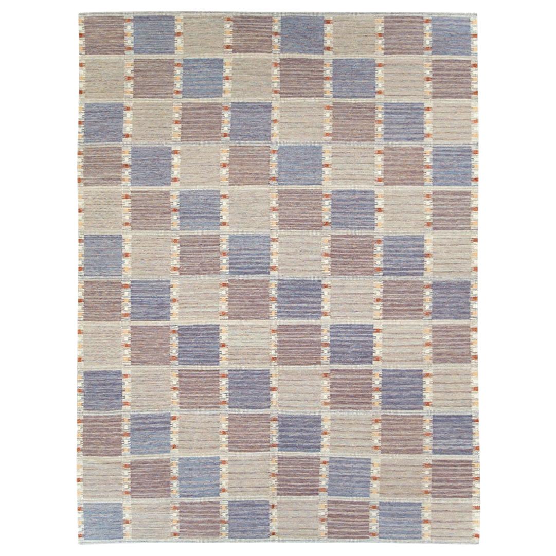 Contemporary Handmade Turkish Room Size Flat-Weave Rug in Pastel Blue and Cream