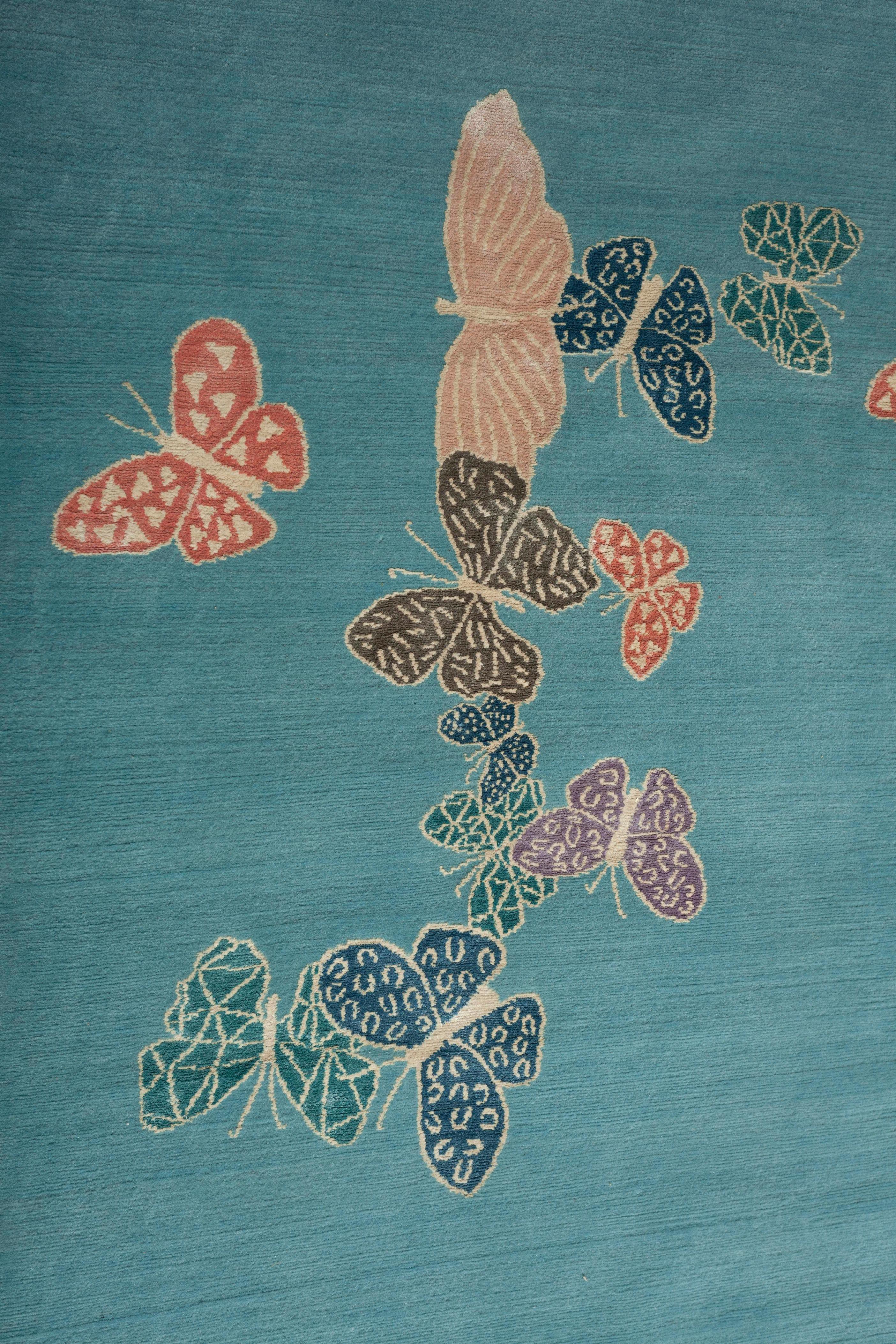 Nepalese Contemporary Hand knotted Turquoise Wool Silk Rug, Butterflies, custom options For Sale