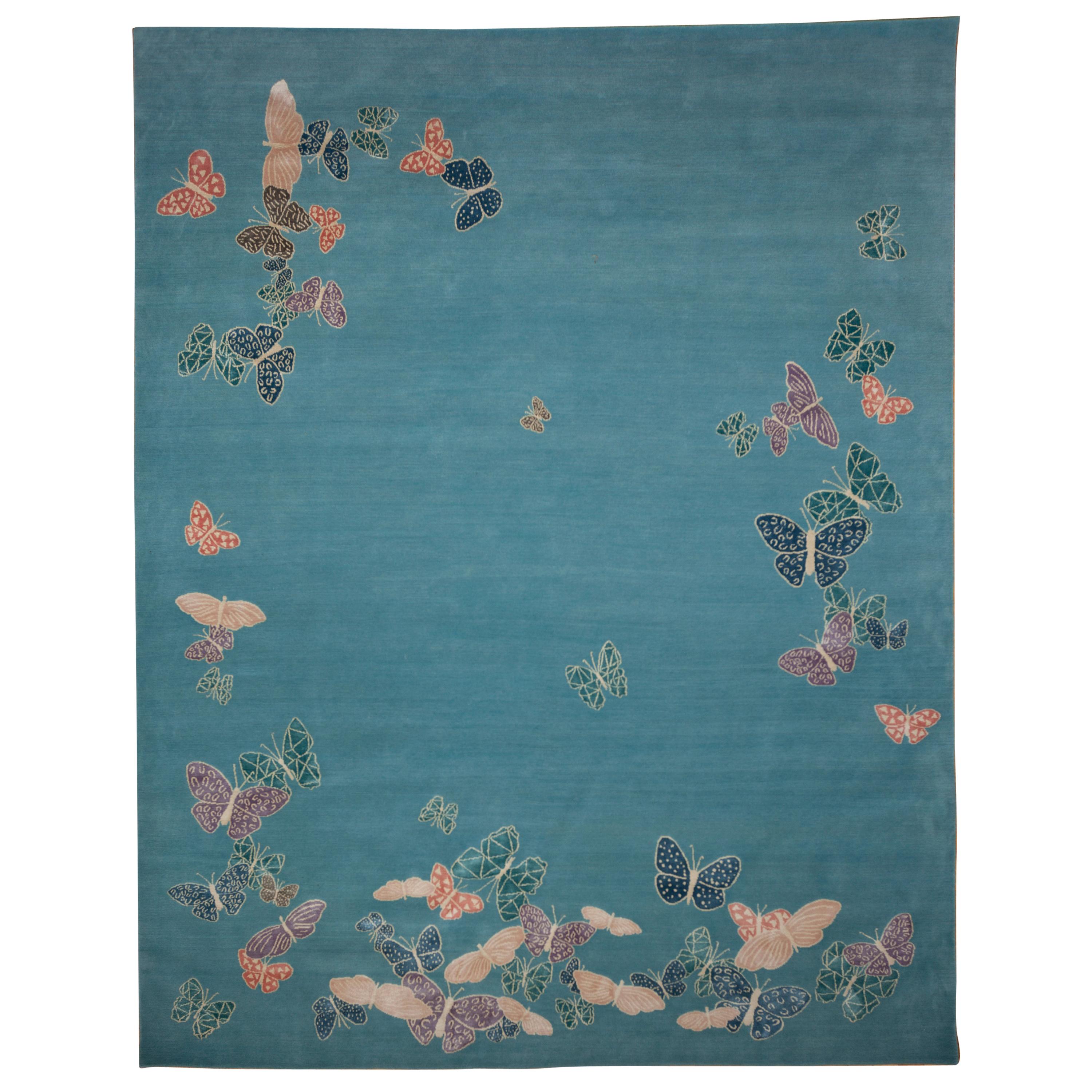 Contemporary Handmade Turquoise Wool Silk Rug, Butterflies, Rectangular, custom