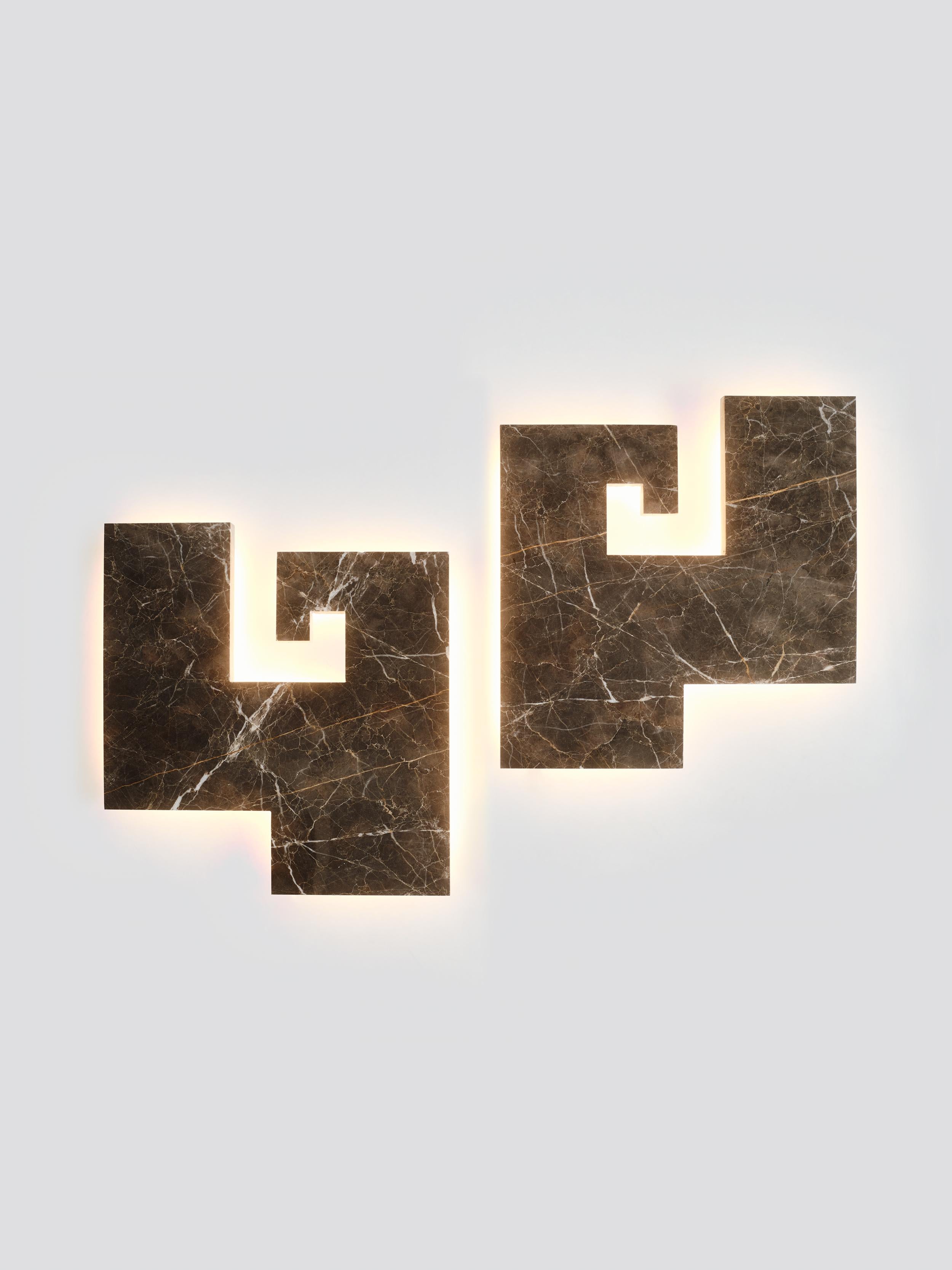 Hand-Crafted Contemporary Handmade Wall Lamp JUNO with a Geometric Marble Facade by Anaktae For Sale