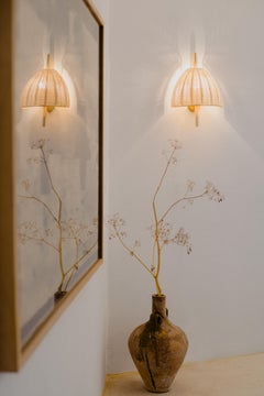 Handmade Wall Lamp in Natural Rattan and Polished Brass  Mediterranean Objects