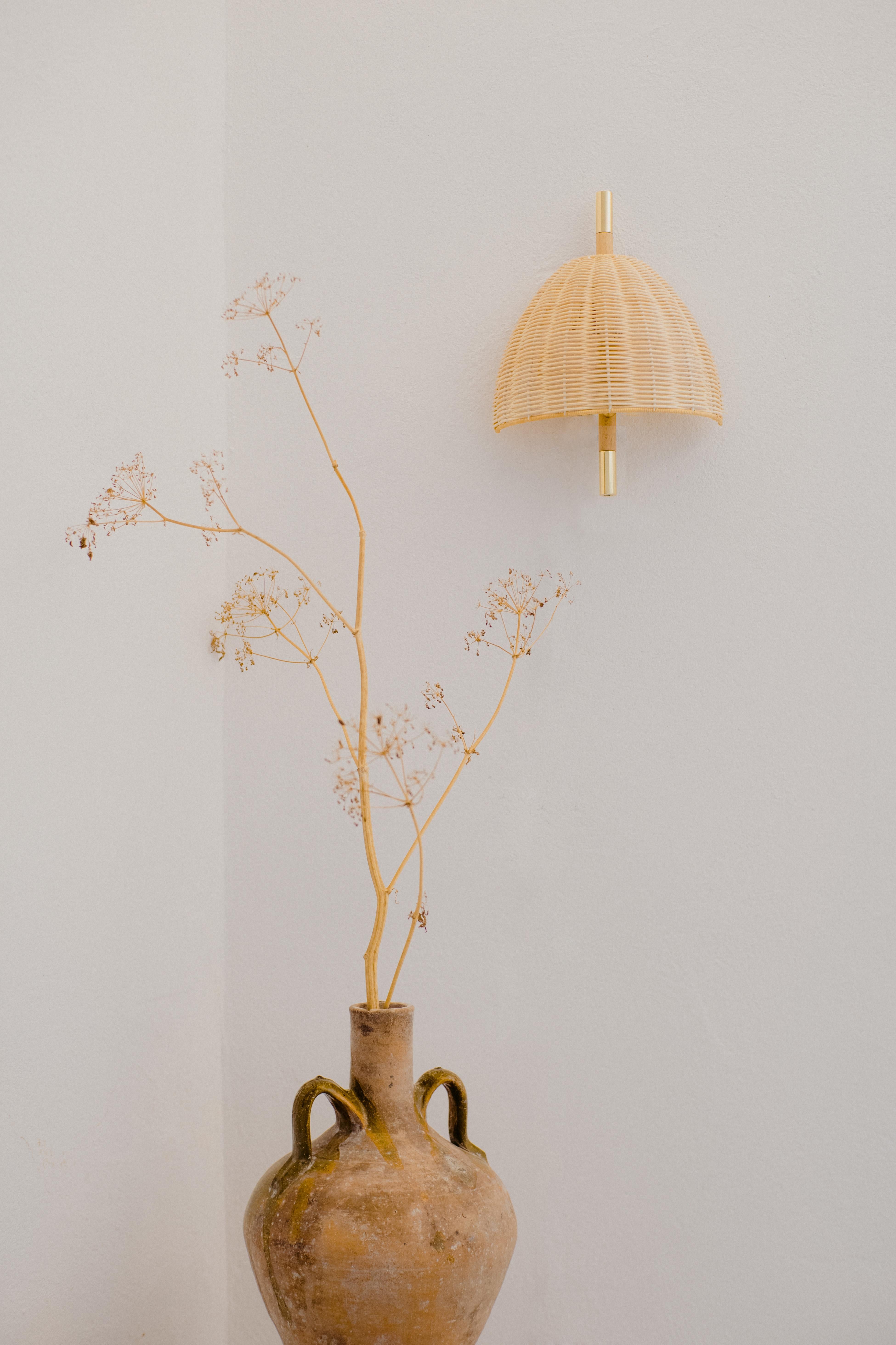 Contemporary, Handmade, Wall Lamp, Natural Rattan Brass, Mediterranean Objects en vente 1