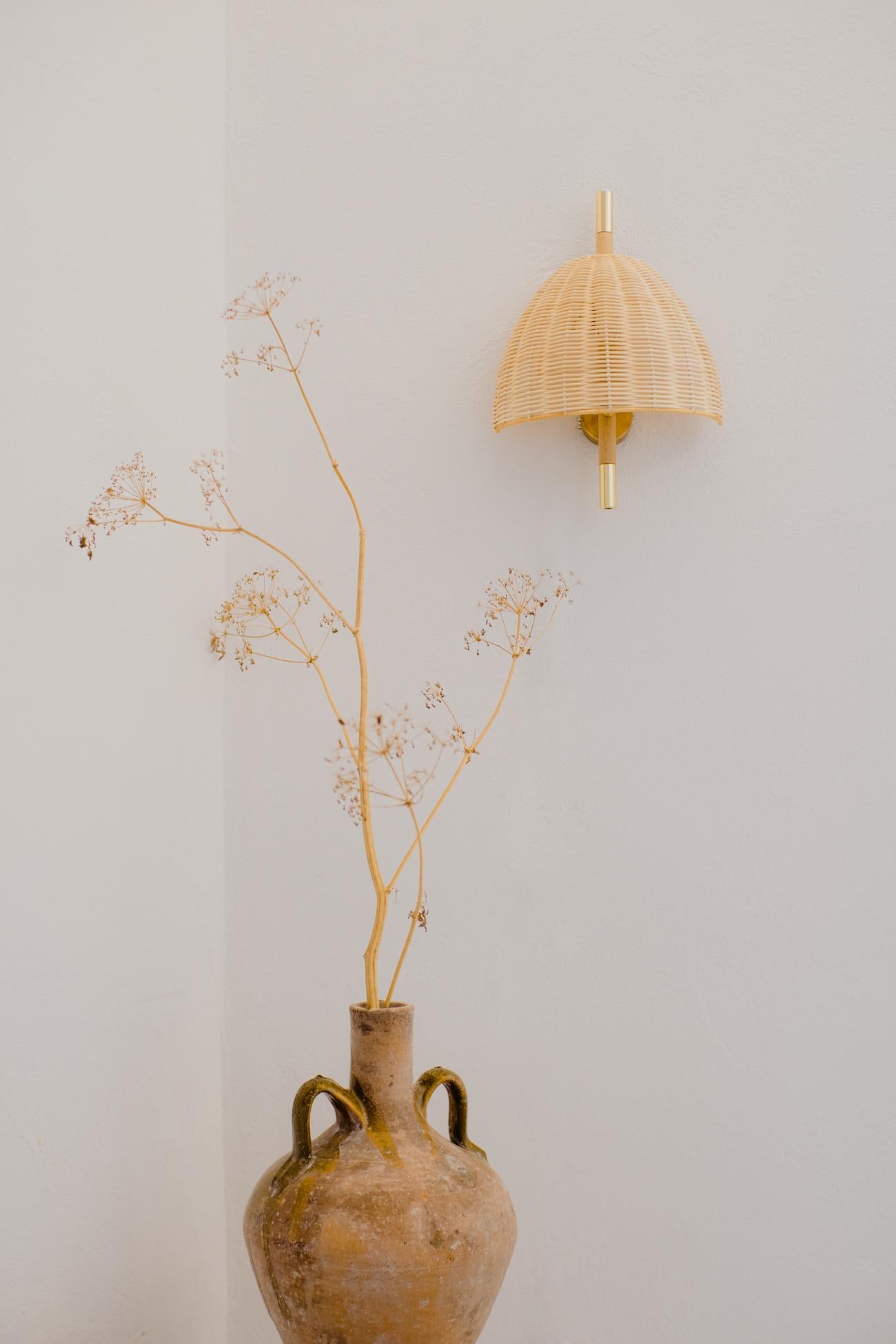 Brass Contemporary, Handmade Wall Lamp, Natural Rattan, White, Mediterranean Objects-A For Sale