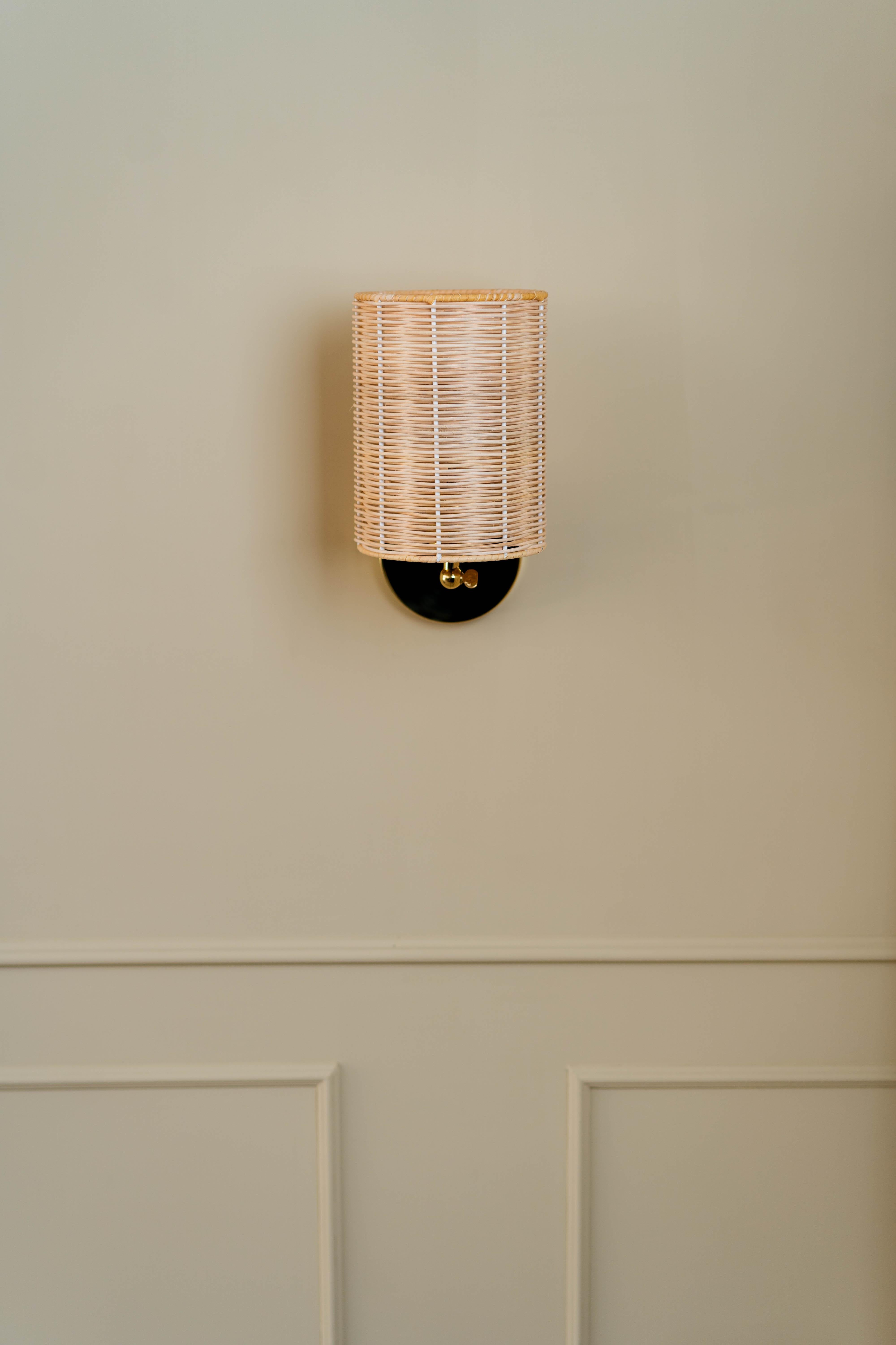 Modern Contemporary, Handmade, Wall Lamp, Rattan Cylinder, by Mediterranean Objects For Sale