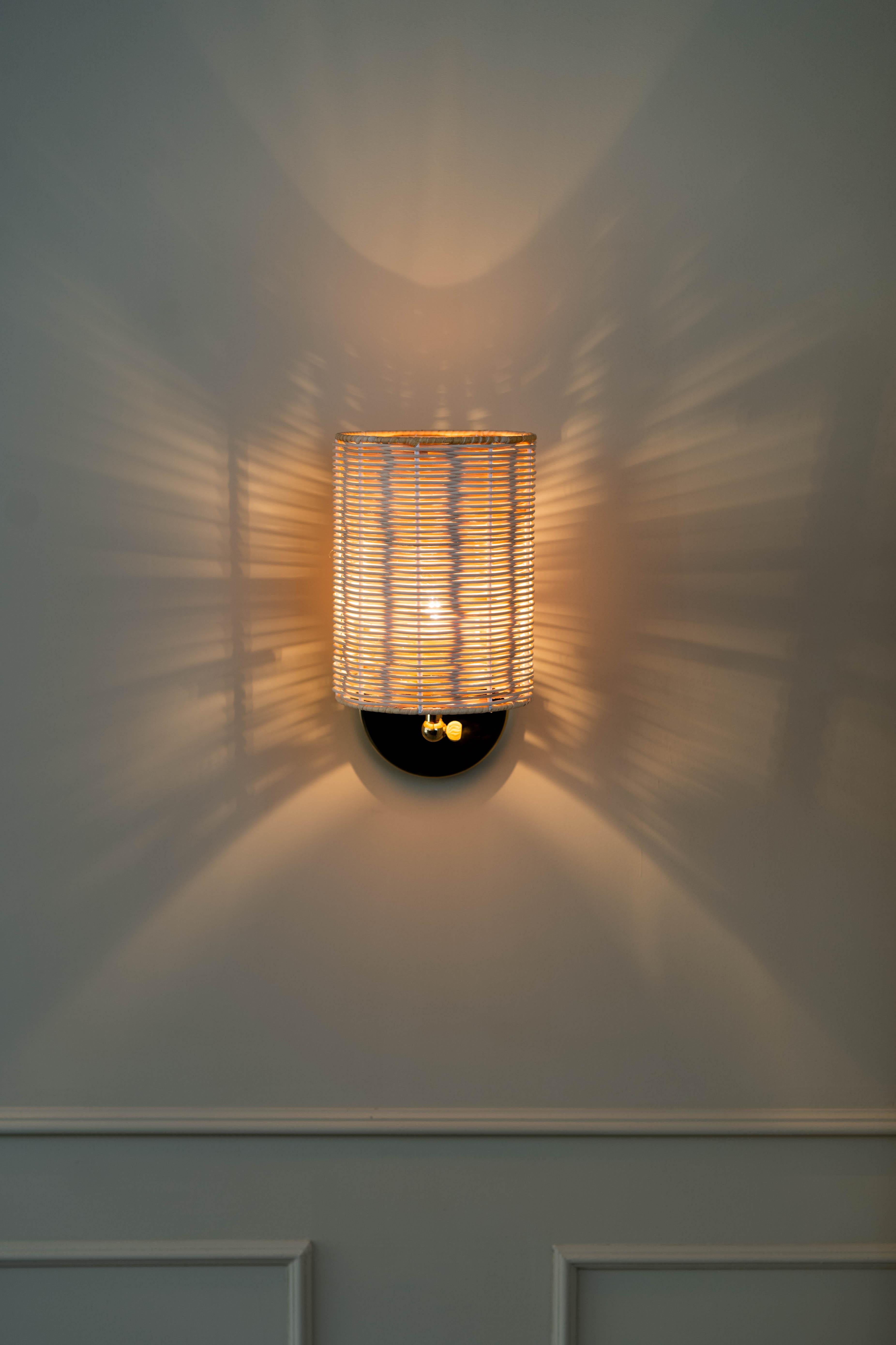 Hand-Crafted Contemporary, Handmade, Wall Lamp, Rattan Cylinder, by Mediterranean Objects For Sale
